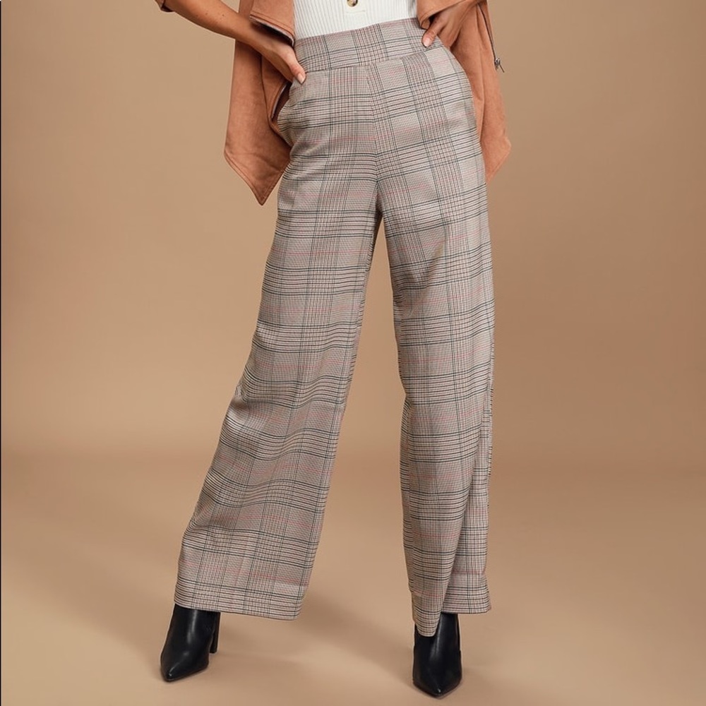 Talking Point Camel Multi Plaid Wide-Leg Pants from Lulus Size Small